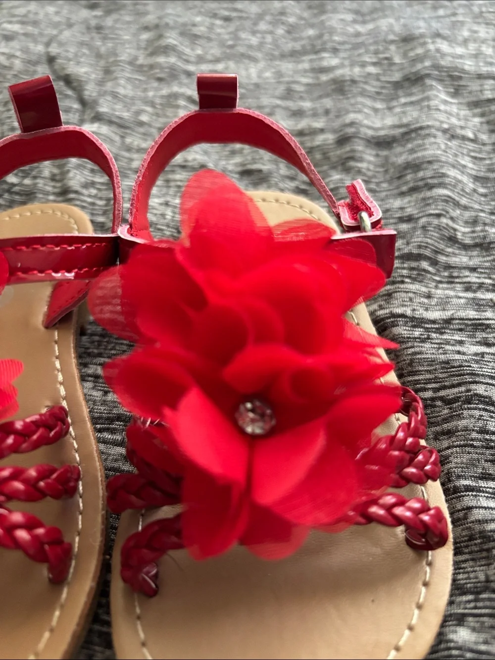 Girls' Red Flower Braided Strap Sandals - Kids Summer Footwear
